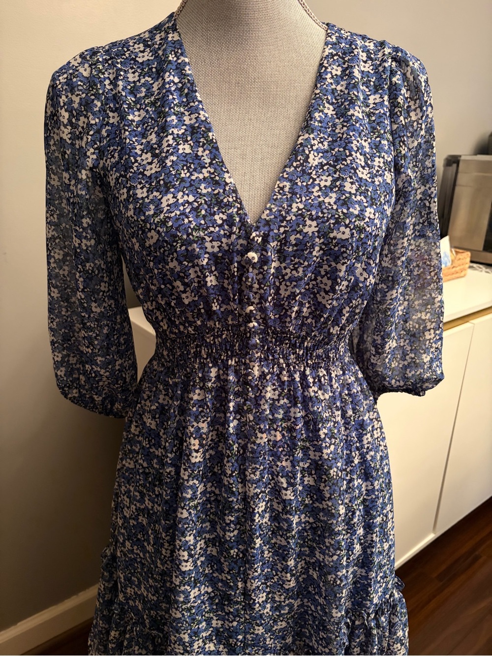 Just Taylor Womens V-Neck Smocked Waist Floral Chiffon Dress Sz 2 Blue